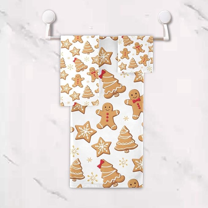 Gingerbread Man Towels Set of 3 Christmas Winter Bathroom Towel Soft Absorbent Bath Hand Towels Washcloth Guest Towel Sets Xmas Holiday Bathroom Decorations