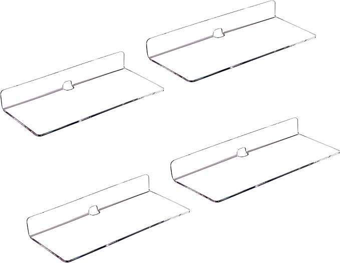 IEEK 4 PCS Clear Small Acrylic Floating Wall Shelves,9 Inch Adhesive Display Shelf for Nintendo Switch/Smart Speaker/Security Cameras/Action Figures,No Damage Expand Wall Space