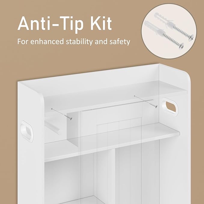 Bathroom Floor Cabinets, Slim Bathroom Storage Cabinet with Sliding Door, Ideal for Toilet Paper Holder, Adjustable Shelves, Next to Toilet Solid Cabinet for Bathroom,Kitchen,White