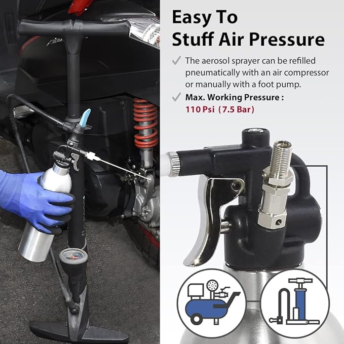 FIRSTINFO Patented Max. Pressure 110psi / 650ml Stainless Steel Canister Refillable Aerosol Spray Can w/Storage Holder