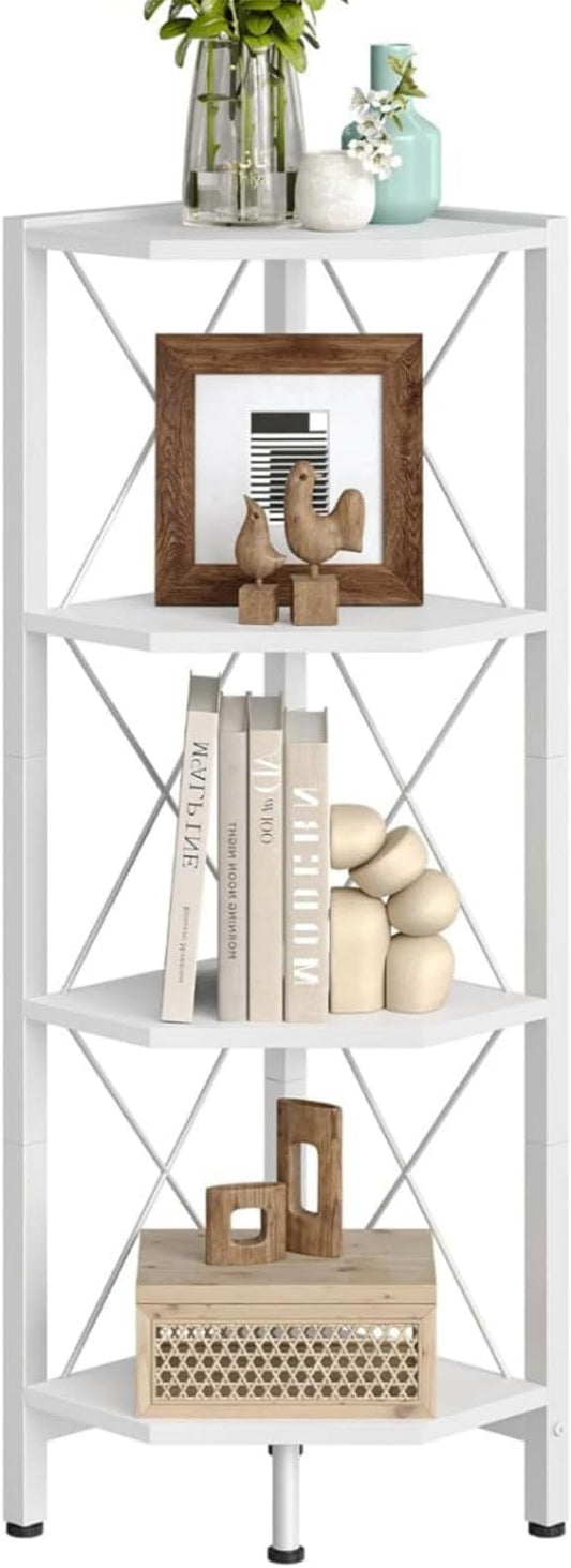 4-Tier Corner Shelf, Corner Bookcase, 43.3" Tall Vertical Display Rack, Plant Stand, Open Storage Shelf, for Living Room, Bedroom, Study, Kitchen, White TCJ14WB