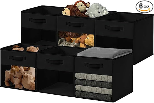 DECOMOMO Storage Cubes, 13 inch Cube Storage Bins with Window, Fabric Organizer Bins (13" / 6pcs, Black)