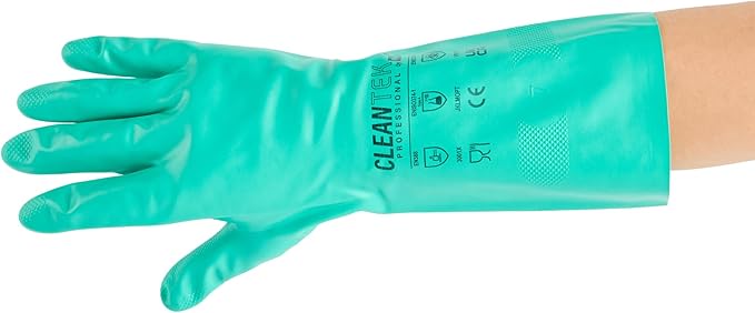 Green Cleaning Gloves 10 Pairs 15 Mil Thick XXL Heavy-Duty Nitrile Gloves With Long Cuff No-Latex Flock Lining For Use In Hospitals, Laboratories, Kitchens and Households