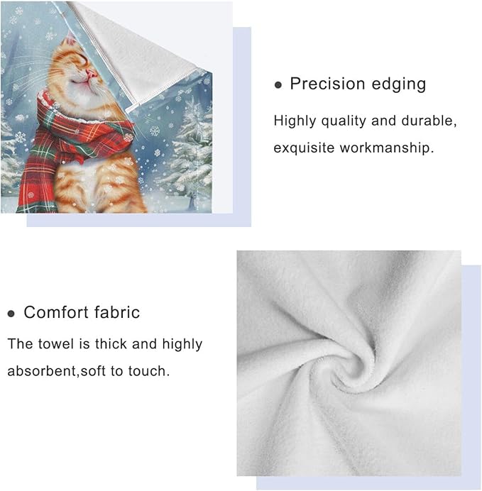 Christmas Winter Towels Set of 3 Cute Cat Wearing Plaid Scarf Bathroom Towel Soft Absorbent Bath Hand Towels Washcloth Guest Towel Sets Xmas Holiday Decor