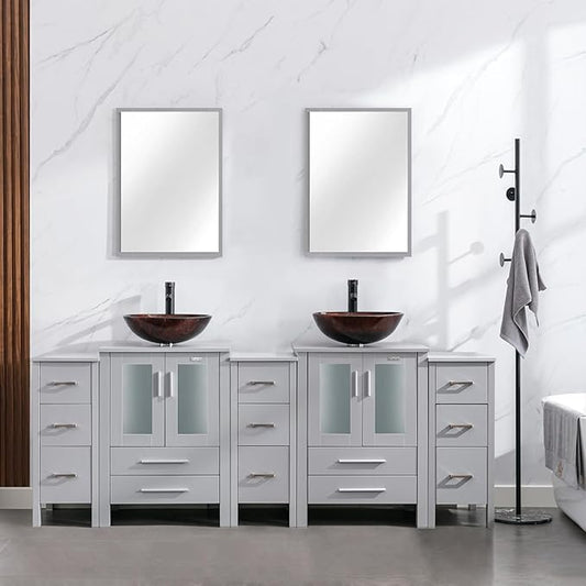 eclife 84" Modern Bathroom Vanity Sink Combo Freestanding Cabinet with Small Side Cabinet, Brown Round Glass Vessel Sink, Water Save Faucet, Drain (Gray+A09)