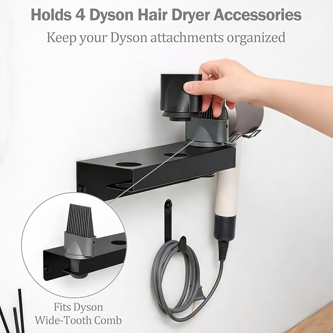 Hair Dryer Holder Wall Mount for Dyson, Blow Dryer Holder Compatible with Dyson Accessories, Stainless Steel Hair Dryer Stand Holds Up to 5 Attachments, Bathroom, Black