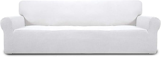 Easy-Going Stretch 4 Seater Sofa Slipcover 1-Piece Sofa Cover Furniture Protector Couch Soft with Elastic Bottom for Kids, Polyester Spandex Jacquard Fabric Small Checks Snow White