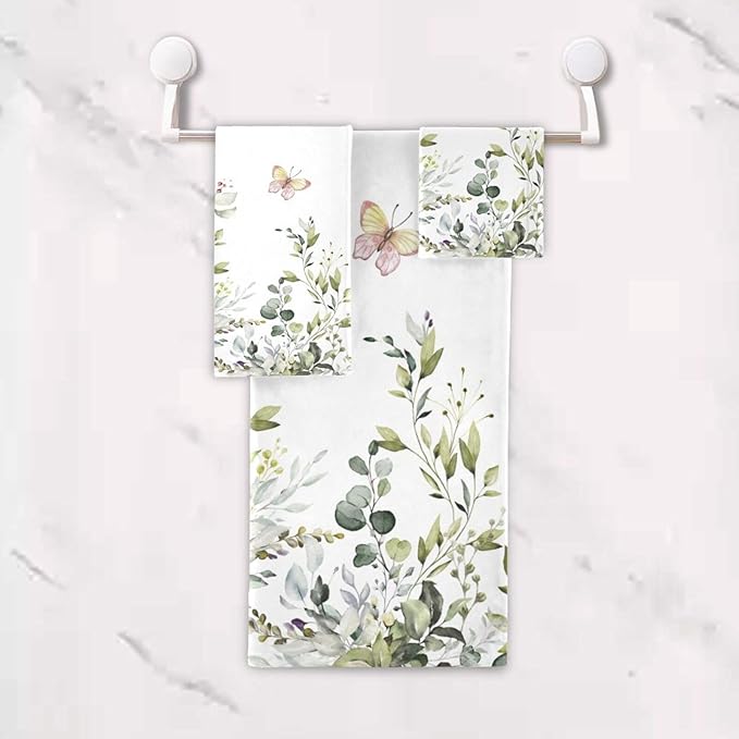 Sage Green Leaves Towels Set, 3 Piece Watercolor Eucalyptus Butterfly (1 Bath, 1 Hand, 1 Washcloth), Absorbent Microfiber Decorative Bathroom Towels for Hair, Face