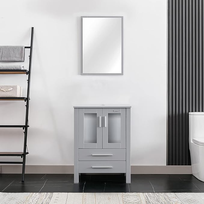 eclife 24" Modern Bathroom Vanity Sink Combo Freestanding Cabinet with Soft Closing Door, Without Vessel Sink, Faucet, Drain (Gray Vanity Only)