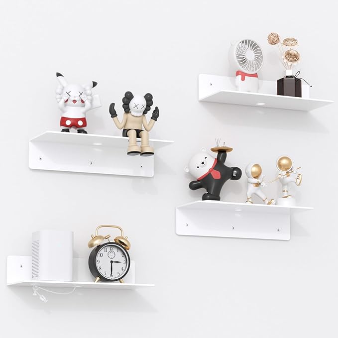 12" White Acrylic Floating Shelves, 4 Pack with Cable Clips, Small Floating Shelf for Expand Wall Display Space in Living Room, Bathroom, Gaming Room, Dorm Wall Decor