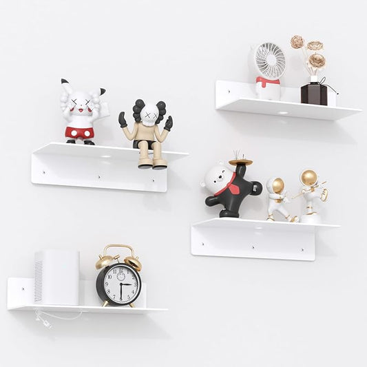 12" White Acrylic Floating Shelves, 4 Pack with Cable Clips, Small Floating Shelf for Expand Wall Display Space in Living Room, Bathroom, Gaming Room, Dorm Wall Decor