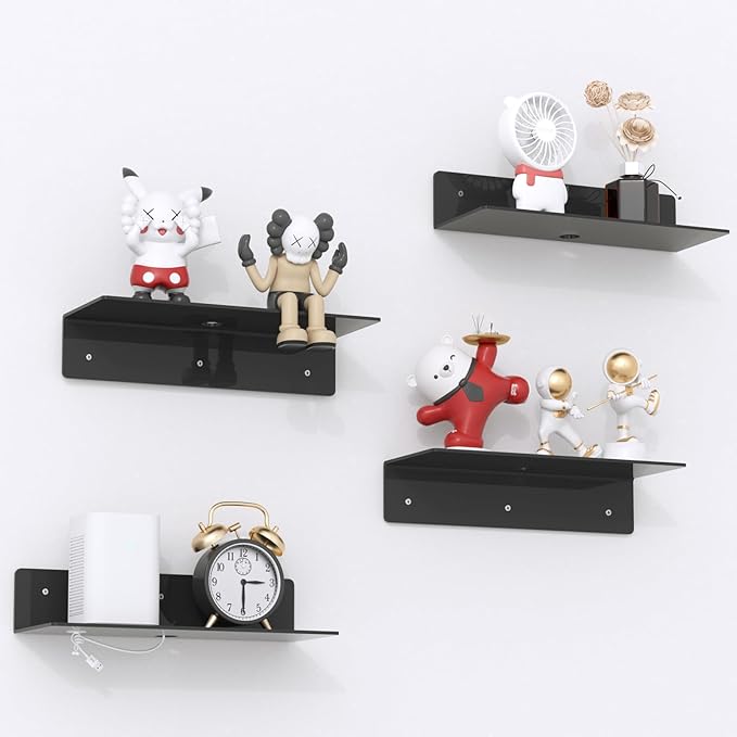 12" Black Acrylic Floating Shelves, 4 Pack Small Floating Shelf with Cable Clips for Living Room, Bathroom, Gaming Room, Dorm Wall Display Space