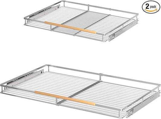 Expandable Pull Out Drawer Cabinet Organizers, Heavy Duty Slide Out Storage Shelf for Home Kitchen Pantry Cupboard Pots Pans, Adjustable Width from 23.2"~39.9", Stainless Steel 2 Pack
