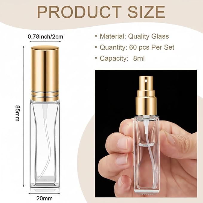 Domensi 60 Pcs 8 ml Empty Glass Perfume Bottles Bulk - Gold Refillable Cologne Spray Atomizer with Pump, for Travel, Skincare, Haircare, Cleaning & DIY Essentials