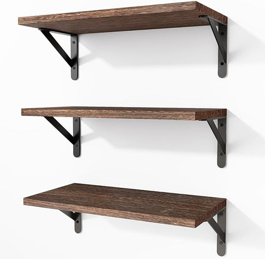 Fixwal Floating Shelves for Wall, Wood Wall Mounted Shelves for Bedroom, Bathroom, Living Room, Kitchen Storage and Decor(Brown, Set of 3, 16.5 Inch)
