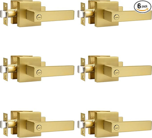 Probrico Gold Privacy Door Handle Lockset Heavy Duty Interior Door Lever for Bedroom Reversible Keyless Handleset Door Knob 6 Pack