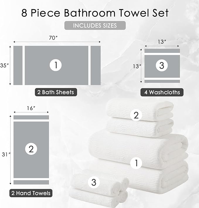 8 Piece Bath Towel Set White — 2 Oversized Large Bath Sheet,2 Hand Towels,4 Washcloths — Ultra Soft Cozy Bath Towel Set for Bathroom Hotel Gym Spa,Highly Absorbent & Quick Dry Bathroom Towel Collections