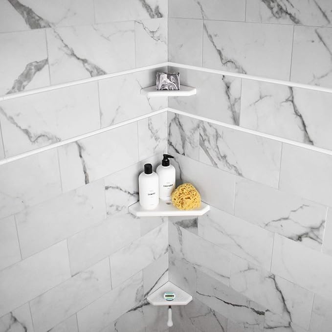 Questech 10" Corner Shower Shelf, Retrofit Shower Organizer for Tiled Walls, Corner Caddy Soap Dish Bathroom Storage, Geo Flatback, Bright White Polished