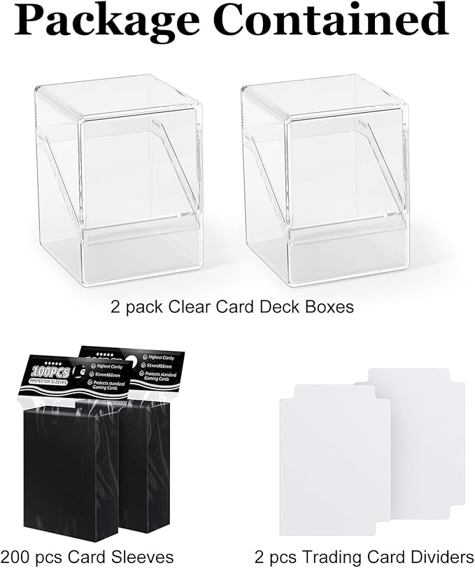 2 Pack Card Deck Boxes, Deck Case and 200Pcs Card Sleeves with Dividers, Standard Clear Commander Storage Box Fit for MTG, Sport, Trading Cards Cards (Black)