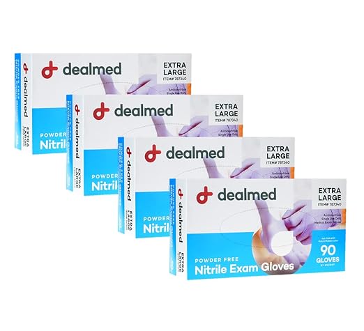 Dealmed Nitrile Exam Gloves – 90 Count X-Large (Pack of 4) Disposable, Non-Irritating, Latex Free, Multi-Purpose for First Aid Kit, Medical Facilities & More