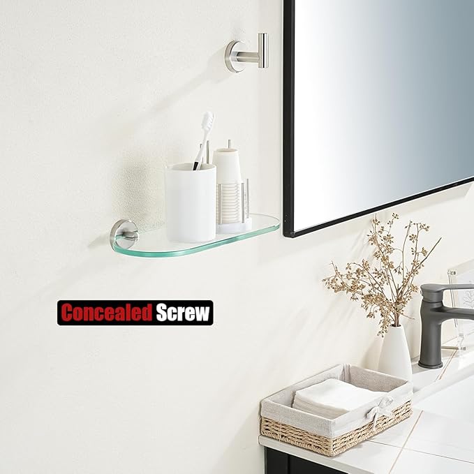 JQK Bathroom Glass Shelf, Floating Tempered Glass Shower Storage 12 by 5 inches, 304 Stainless Steel Brushed Finish Wall Mount 2 Pack, TGS121L12-BN-P2