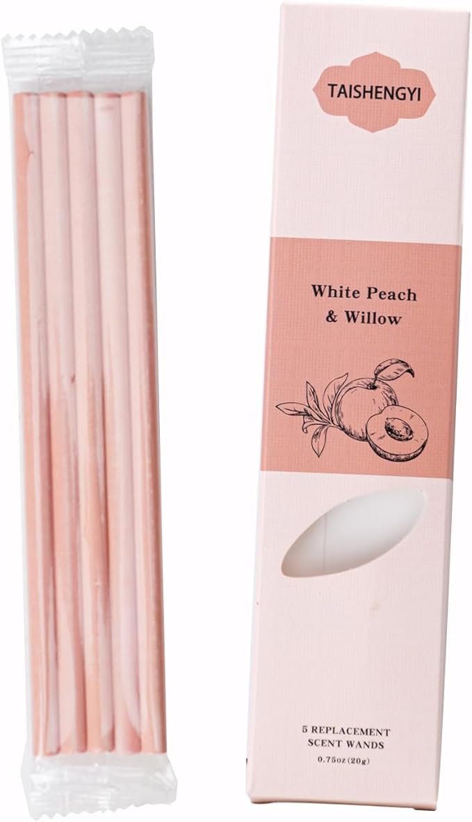 Non-Toxic Air Freshener Stix - Natural Essential Oils Infused, 30 Days Long-Lasting Freshness, 5 Pcs 6" Per Pack for Car Home Office，Ceramic Base not Included (White Peach and Willow)