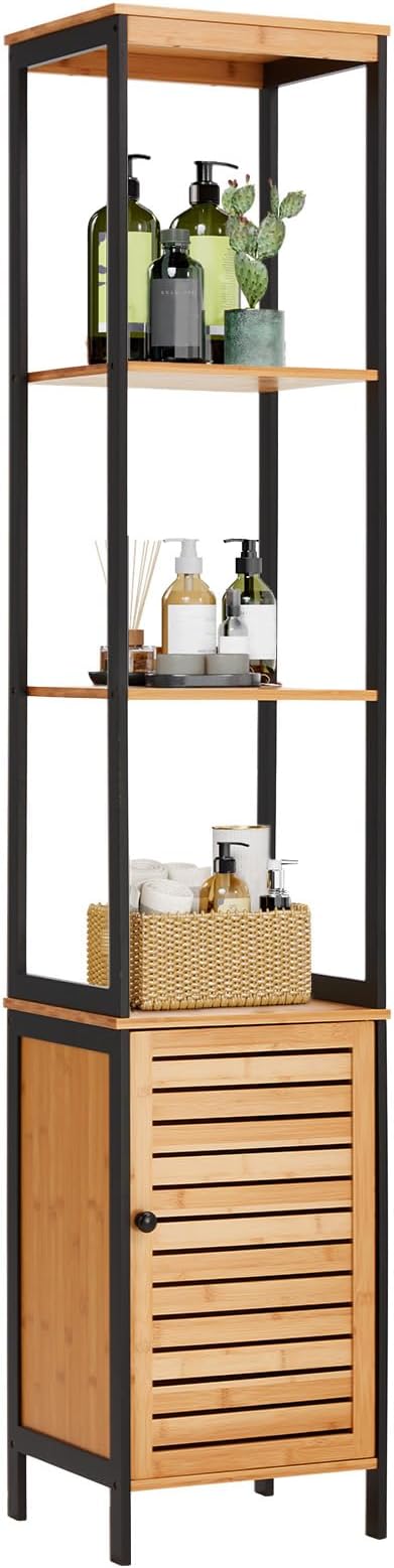 Tall Bamboo Bathroom Cabinet, 5 Tier Floor Shelving Unit with Open Shelves & Cabinet Storage, Premium Moso Bamboo Organizer for Bathroom, Kitchen, or Living Room