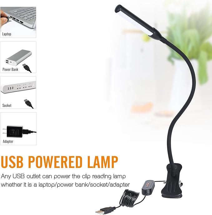 Clip on Reading Lamp, Clip Light, Warm & Daylight & White Light 3 Colors, Eye-Care Clamp Lamp with 10 Dimmable Illumination Modes