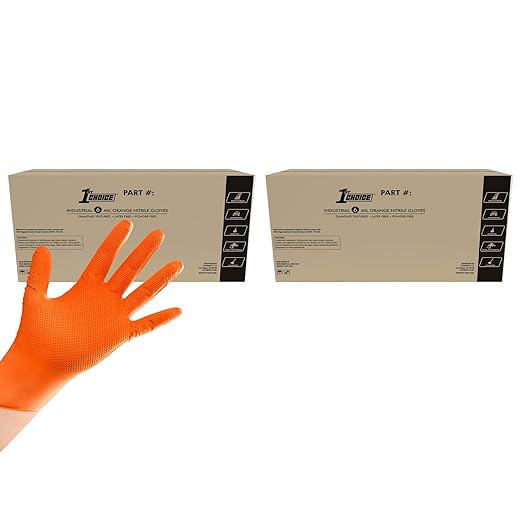 1st Choice 6 mil Orange Gloves, Disposable, Latex Free, Raised Diamond Grip, Mechanic Glove for Men, Medium, 2 Cases of 1000