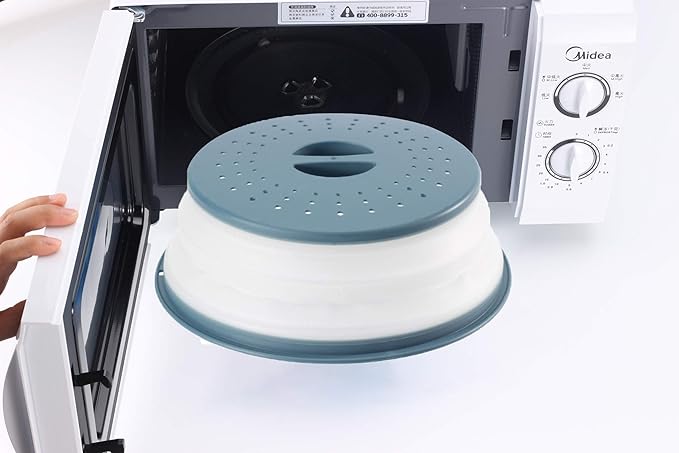 WENWELL Vented Collapsible Microwave Splatter Cover for Food,Kitchen Gadget dish bowl Plate Proof lid Can be Hung,Dishwasher-Safe,BPA-Free Silicone & Plastic,10.5 inchs,gray