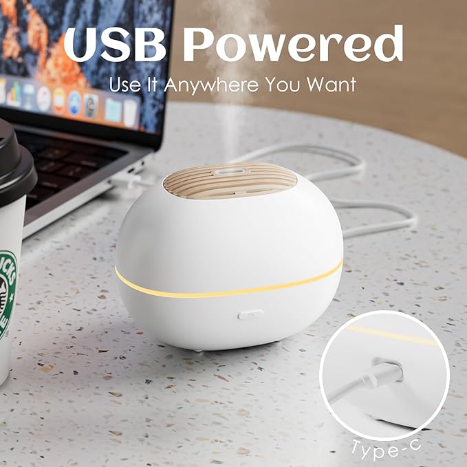 100ml Mini Essential Oil Diffuser, Portable Aromatherapy Diffuser with Warm Light, One-Button Control, Auto Shut-Off, Quiet Ultrasonic Mist for Home, Travel, Yoga, Meditation (White)