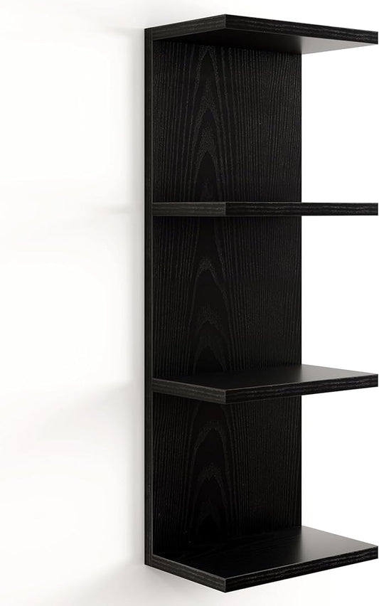 Fun Memories 4 Tier Wall Shelf Unit, Vertical Floating Shelf, Wall Mount Lack Shelving Home Decor Organizer Tall Tower Design Utility Shelving for Bedroom Living Room, Black