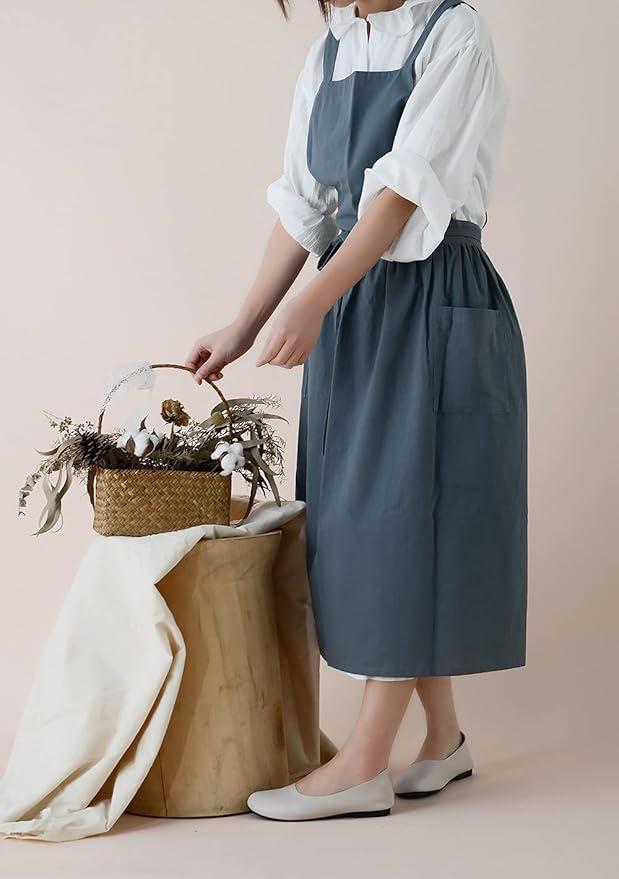 VLZUFE Women Cotton Linen Cross Back Apron for Gardening Works Pinafore Dress with Pockets Navy