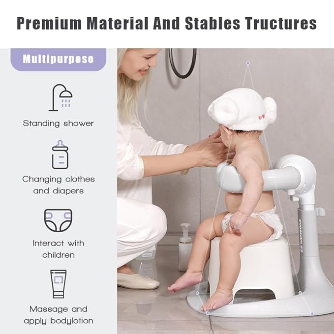 Baby Shower Stand 2025 Upgraded, Removable base, Shower Standing Support with Adjustable Height and Armrest, Bath Stand with Anti-Skip and Shower Head Holder, Ideal Gift for Infants 6-36 Months (pink)