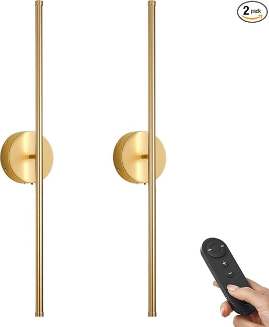 Battery Operated Wall Sconces, Dimmable Wall Sconces Set of Two, 350°Rotate, 3000K LED Gold Wireless Wall Light for Living Room, Bedroom, Hallway, 24.4 Inch (2 Pack)