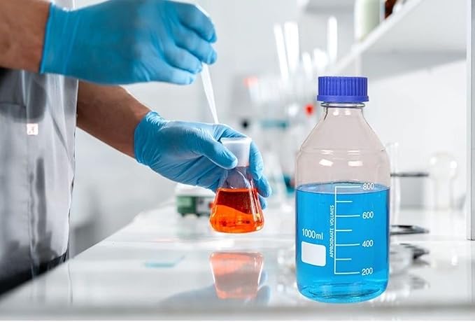 Lab Media Storage Round Bottles Graduated Glass Container GL45 Screw Cap Leakproof Multi-Purpose for Scientific — pack of 4 (Blue,1000ml)