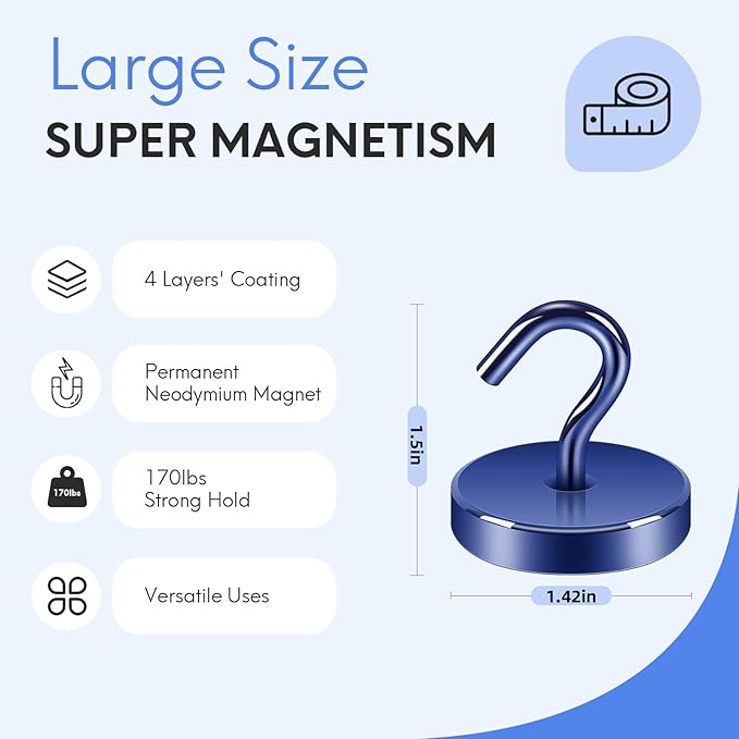 Neosmuk Magnetic Hooks, Heavy Duty 170lb Strong Magnets for Cruise Cabins, Ship Essentials, Large Metal Hooks for Hanging on Fridge(Navyblue,Pack of 4)