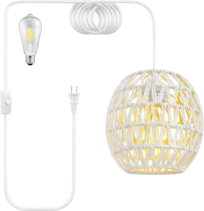 SLYYMY Plug in Pendant Light, 15FT Hemp Rope Cord, Hanging Lamps Rattan Pendant Light, On/Off Switch Hanging Lights for Bedroom Living Kitchen White