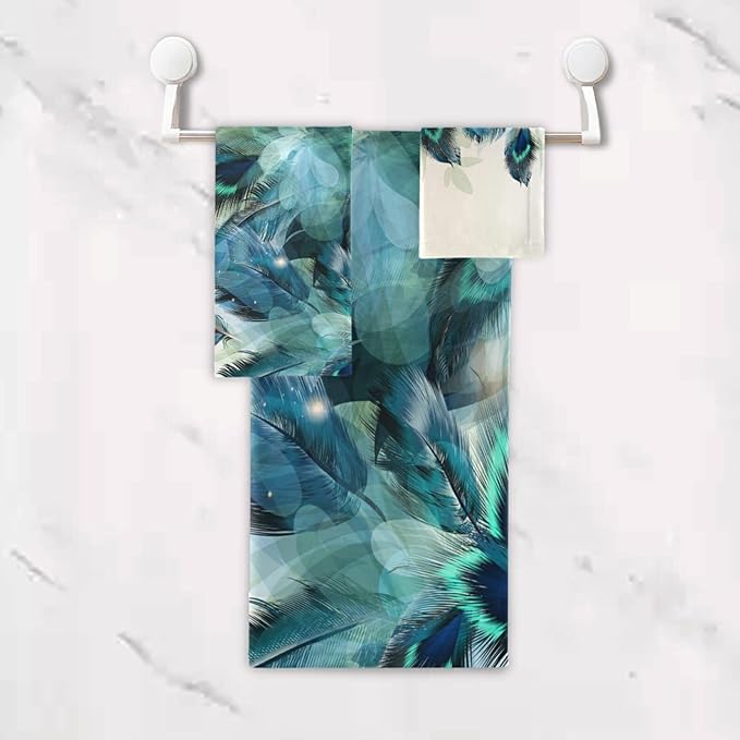 Bath Towels Set,Soft Absorbent Watercolor Peacock Feather Teal Turquoise Floral Green Leaf Print 3 Piece Bathroom Towels,1 Bath Towel,1 Hand Towel,1 Washcloth,Decorative Towels for Spa,Gym