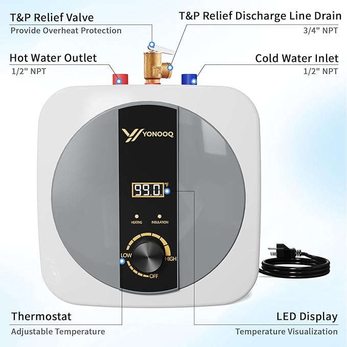 2.5 Gallon Mini Tank Water Heater Electric, 1500W 110V/120V, Under Sink Water Heater with Digital Display & Pressure Relief Valve, Hot water heater for Kitchen Bathroom RV Camper