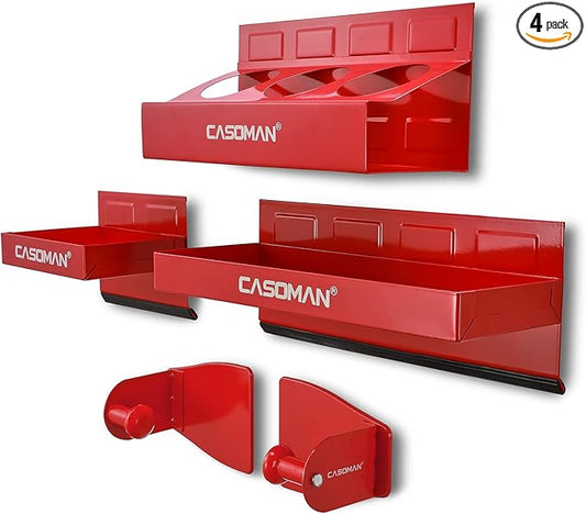 CASOMAN 4PCS Red Magnetic Toolbox Shelf, Tray, Paper Towel Holder, Variety of Use, Durable, Magnets Any Metal Surface