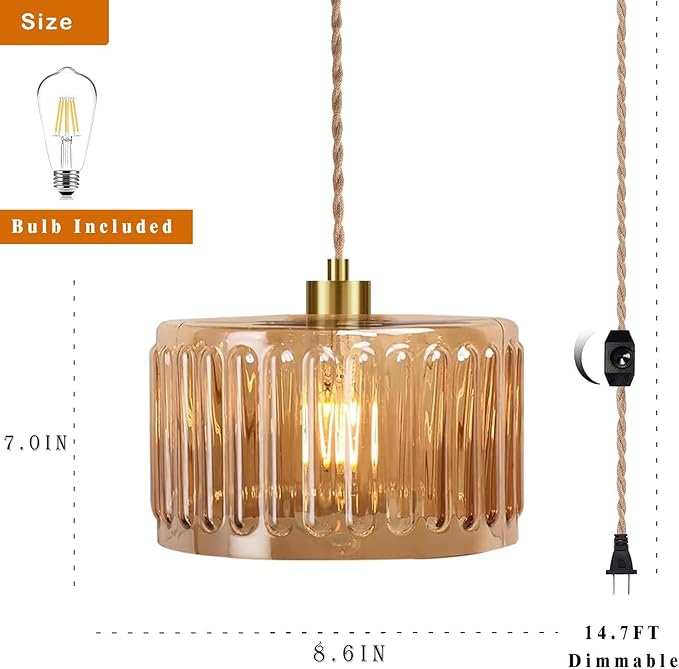 Plug in Pendant Light Hanging Lights with in Cord Mid Century Modern Gold Hanging Lamp Flower Glass Amber Vintage Dimmable Chandelier Ceiling Fixture for Living Room,Kitchen,Boho