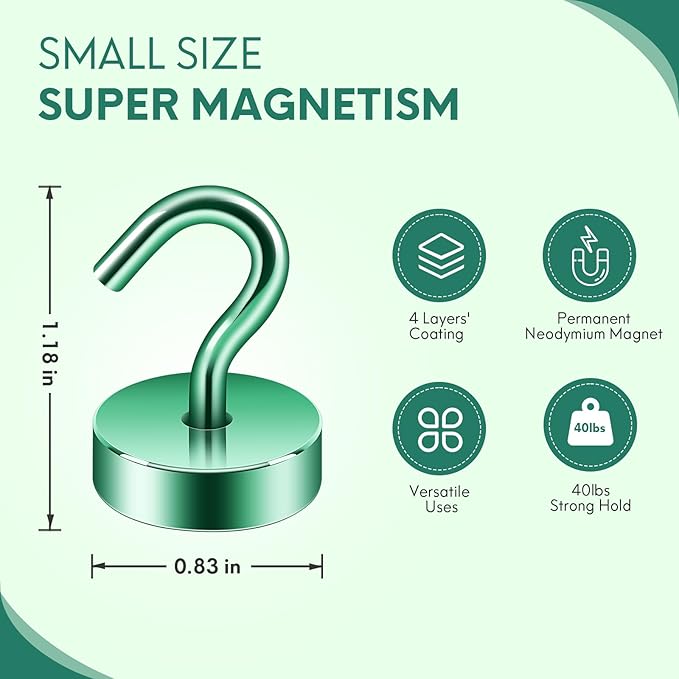 Neosmuk Magnetic Hooks, Cruise Ship Essentials, 4lb+ Heavy Duty Magnetic Hooks for Cruise Cabins, Refrigerator, Grill, Hanging, and Travel | Extra Strong Must-Haves Magnet Hook,Green,Pack of 4
