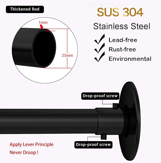 Adjustable Corner Shower Curtain Rod L Shaped Black Stretchable 304 Stainless 27"- 39"X47"- 65" Drill Free Install for Corner Bathtub with Free Hooks
