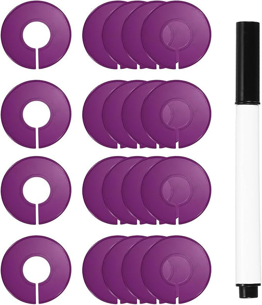 uxcell Clothes Dividers,20 Pack Round Closet Rack Dividers Clothing Rack Size Dividers Blank Labels with Marker Pen Writable & Reusable for Hanging Clothes Sorting Size, Purple