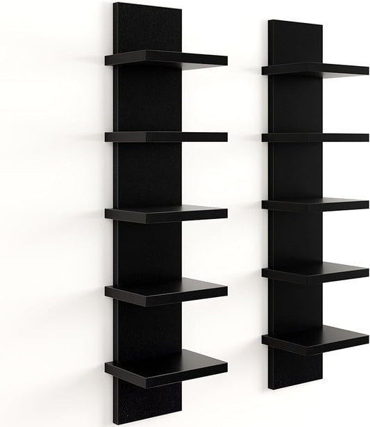 Fun Memories 5 Tier Wall Shelf Unit, Black Floating Shelves for Storage - Vertical Column Tower Design, Lack Wall Shelf Space Saving Organizer for Bedroom, Living Room, Home Decor， 2Pack