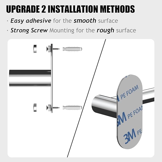 Towel Bar, Adjustable 14.4inch - 25.2inch Towel Rack, Self Adhesive & Wall Mounted for Bathroom Kitchen Hand Towel Holder Cloths Hanger SUS 304 Stainless Steel Organizer Single Bar (2, Chrome)