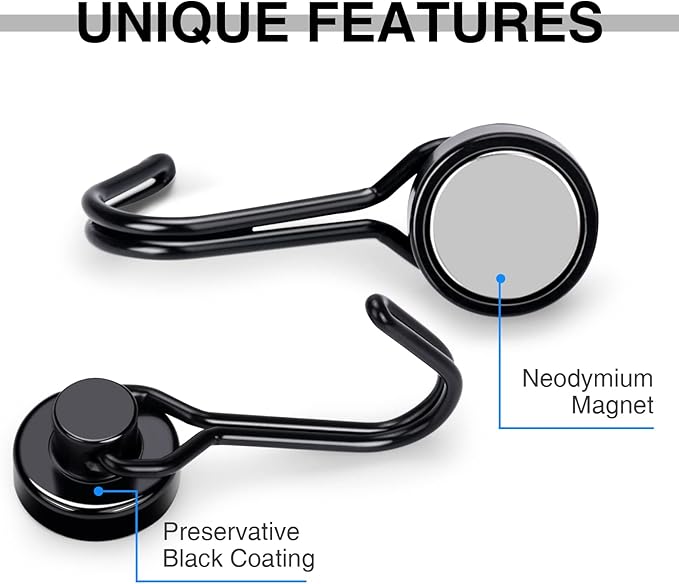 E BAVITE Swivel Swing Black Magnetic Hooks, 30lbs Strong Neodymium Magnet Hook with Epoxy Coating for Refrigerator, Cruise,BBQ Grill Tools, 2.36in in Length, Pack of 10