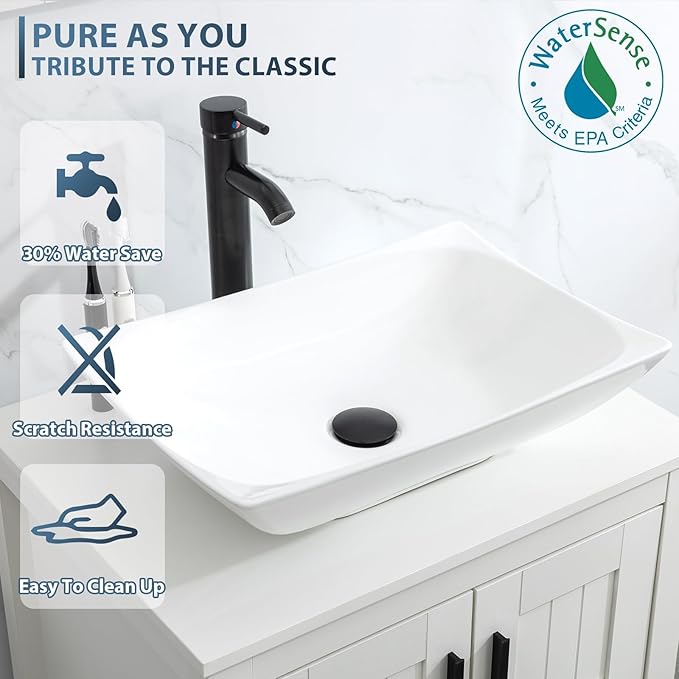 eclife 48" Modern Bathroom Vanity Sink Combo Freestanding Cabinet with Small Side Cabinet, White Curved Ceramic Vessel Sink, Water Save Faucet, Drain (Black+T32)