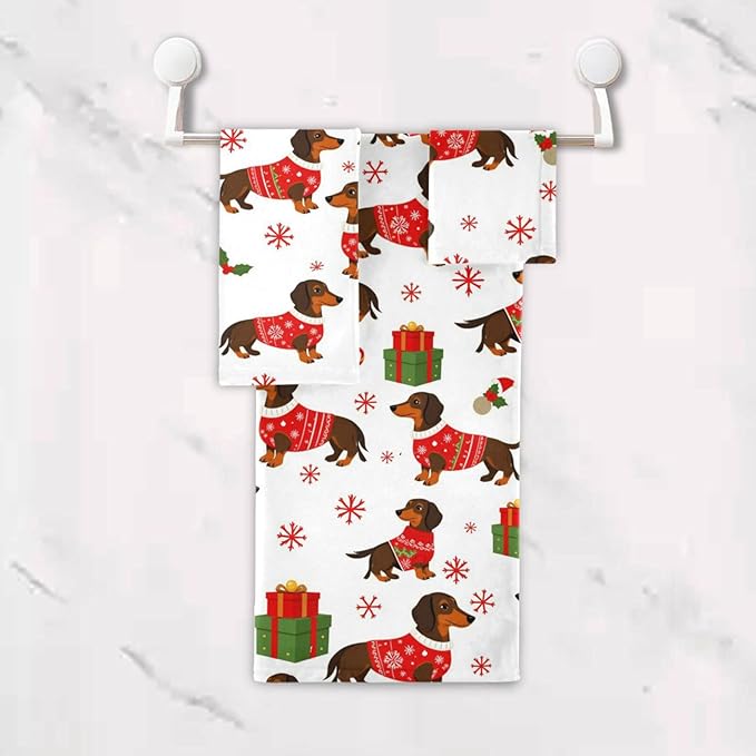 Christmas Winter Towels Set of 3 Dachshund Dog Christmas Snowflakes Bathroom Towel Soft Absorbent Bath Hand Towels Washcloth Guest Towel Sets Xmas Holiday Decor